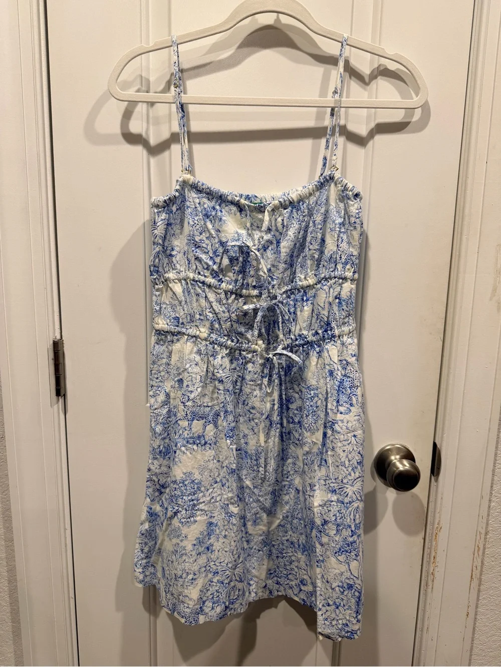 J.Crew Blue & White Toile Print Linen Blend Tie Front Dress XS NWT